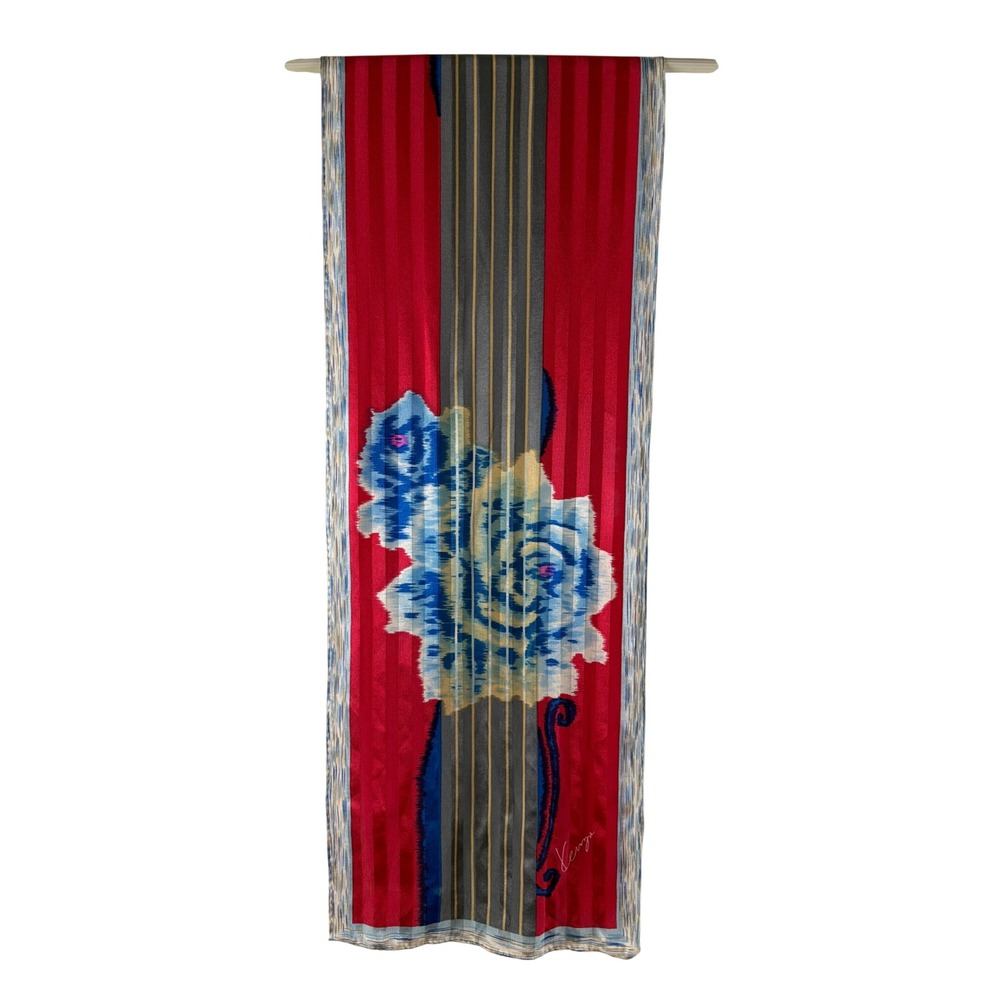 Kenzo Silk Scarf Red Grey Striped Blue Rose Floral Rectangular Neck Scarf 50x10